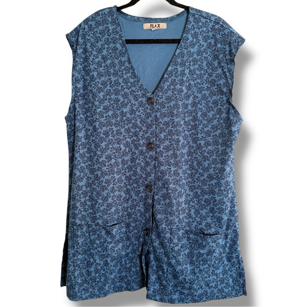 FLAX Soft Cotton Knit Button Front Sleeveless Top Vest Size Medium Blue Black